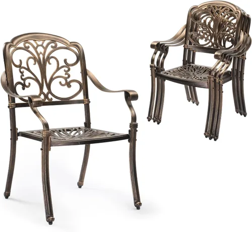 Vista 19 de VINGLI Juego de 2 sillas de patio apilables de aluminio fundido para exteriores con acabado negro vintage y patrón floral, sillones de metal