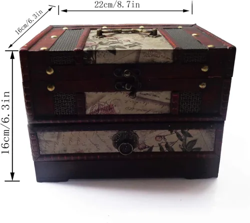 Vista 2 de ISOTO Joyero de madera retro vintage, caja de almacenamiento organizadora, caja de almacenamiento con espejo para novias y mujeres, para el día