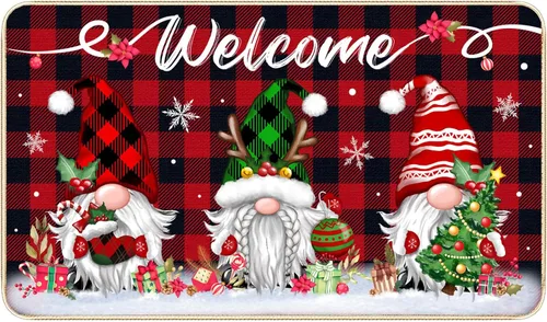 Vista 8 de TREWAVE Felpudo Decorativo de Bienvenida Navideño, Tapete de Puerta de Gnomo Navideño a Cuadros Buffalo, Alfombra de Entrada Antideslizante, 29 x 17