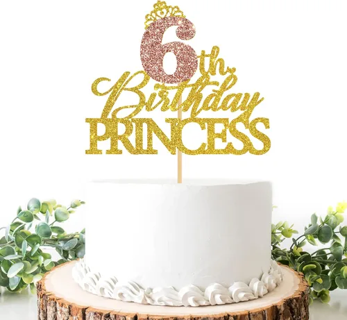 Vista 11 de Decoración de princesa para pastel de primer cumpleaños, letrero de corona brillante de oro rosa, palillos reutilizables para tartas para niñas