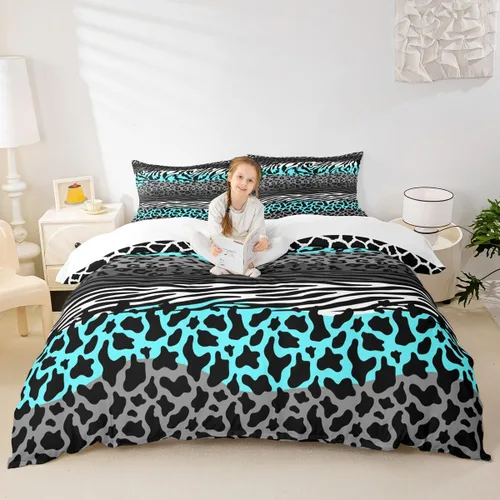 Vista 24 de Juego de funda de edredón con estampado de leopardo, tamaño individual, juego de ropa de cama rústica con rayas de piel de cebra, decoración