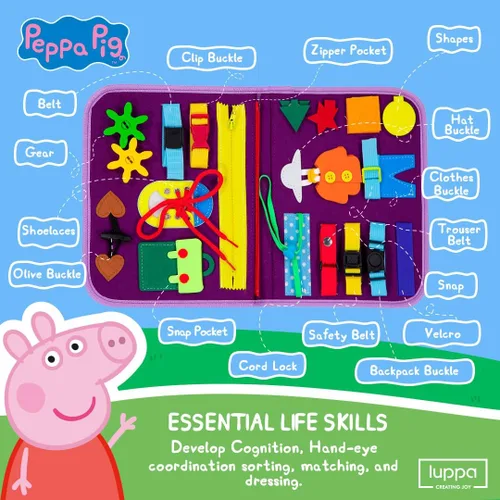 Vista 5 de Peppa Pig Tablero Ocupado para Niños Pequeños – Juguetes Montessori para niños de 1, 2, 3, 4 años, Tablero Sensorial de Actividad Educativa