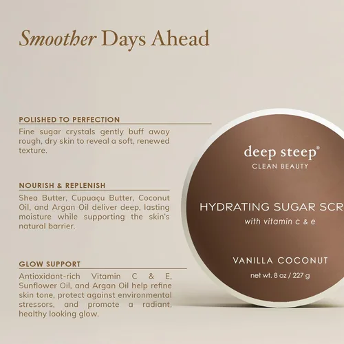 Vista 5 de Deep Steep Exfoliante de azúcar, vainilla de azúcar morena, 8 onzas, exfoliante corporal con aceite de coco orgánico, manteca de karité y aceite