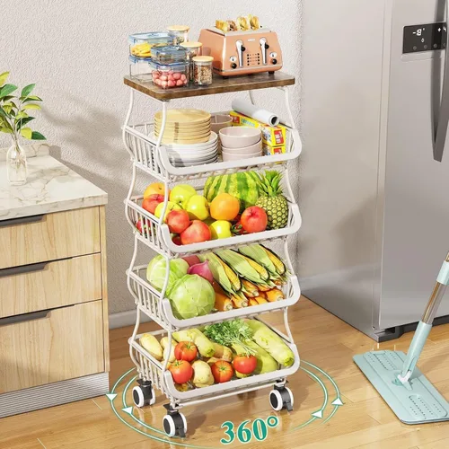 Vista 4 de SAYZH 5-Tier Fruit and Vegetable Basket Stand for Kitchen, Wood Top, White Blanco