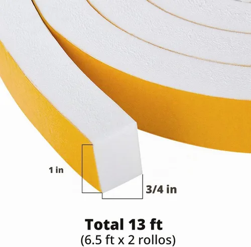 Vista 2 de Burlete de cinta de espuma autoadhesiva blanca para puertas y ventanas de 1 pulgada × 3/4 pulgada × 13 pies, tira de sellado de espuma de alta Blanco