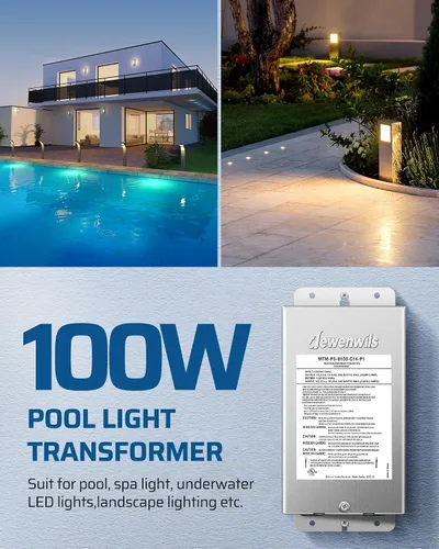 Vista 2 de DEWENWILS Transformador de Luz de Piscina de Bajo Voltaje de 100W, 120V AC a 12V/13V/14V AC, Transformador de Seguridad Multi-tap para Iluminación