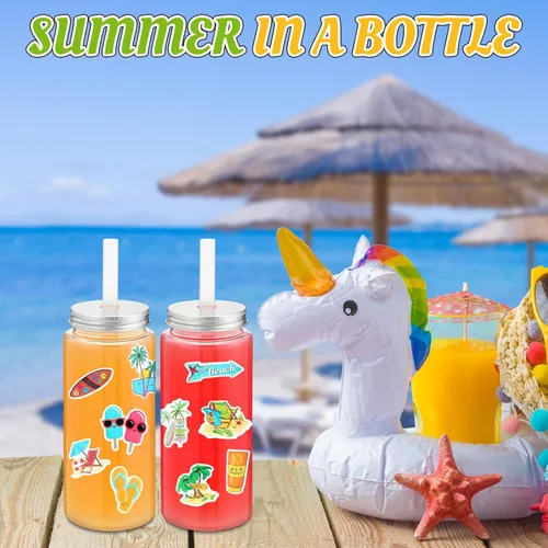 Vista 5 de Jingmore 12 botellas de plástico de 14 onzas con tapas para pajitas, vasos transparentes y reutilizables y calcomanías de verano para agua, té