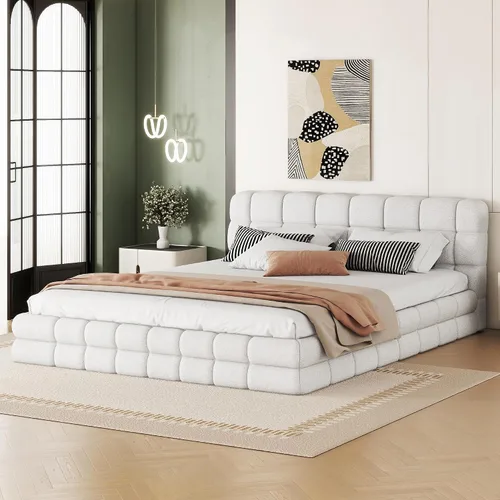 Vista 4 de Moderna cama tapizada de tamaño Queen, forro polar bereber grueso, base de colchón tapizada con cabecera copetuda y soporte de listones de madera