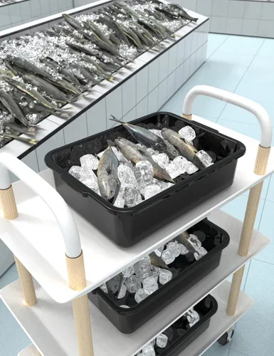 Vista 4 de Caja de 5 tinas de autobús comercial/bolsa de transporte, plástico negro con asas, lavabo 8 litros