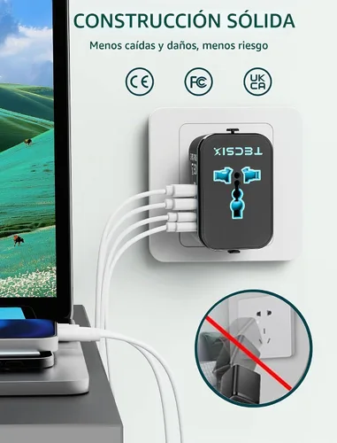 Vista 8 de Adaptador de Viaje Universal, Adaptador de Energía Internacional con 2 USB-C, 2 Puertos USB-A, Múltiples Salidas AC para UE, EE. UU., Reino Unido