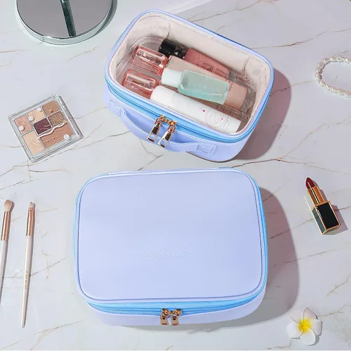 Vista 6 de Bolsa de maquillaje, 2 bolsas de cosméticos de piel sintética, estuche de maquillaje portátil de viaje, organizador de maquillaje grande con bolsa