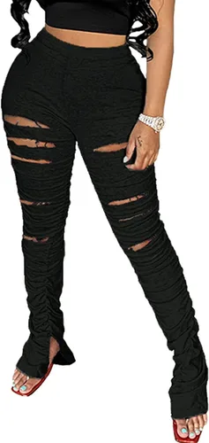 Vista 3 de Avanova Womens High Waist Distressed Stacked Leggings Skinny Long Pants