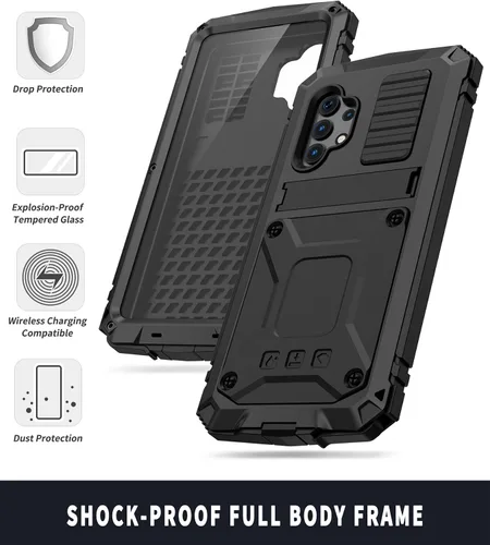 Vista 4 de Compatible con Samsung Galaxy A32 4G, aluminio metal, impermeable, a prueba de golpes, resistente cubierta protectora resistente, soporte integrado