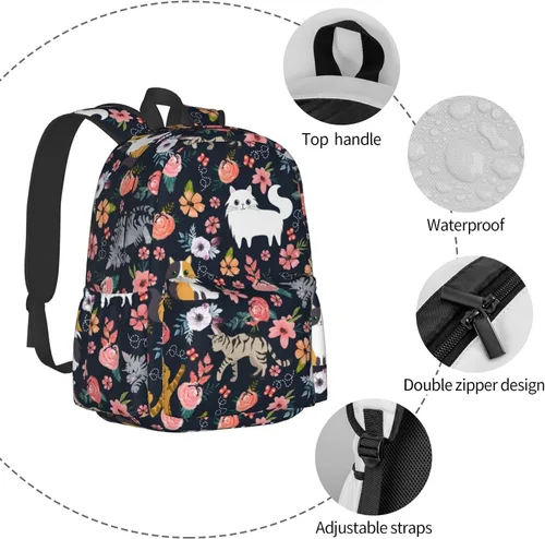 Vista 7 de Mochila de seta de 16 pulgadas Mochila de viaje ligera para portátil, Flor de gato, Classic
