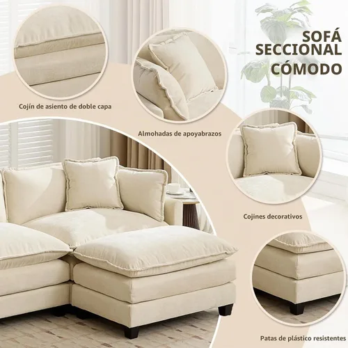 Vista 5 de Sofá individual modular de chenilla con otomana, sofá nube con almohada, color beige