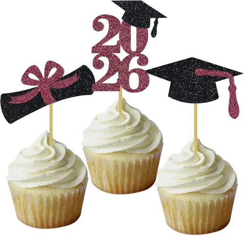 Vista 30 de Decoración para cupcakes de graduación, decoración de fiesta de graduación, selecciones de alimentos, felicitaciones, tapa de diploma con purpurina