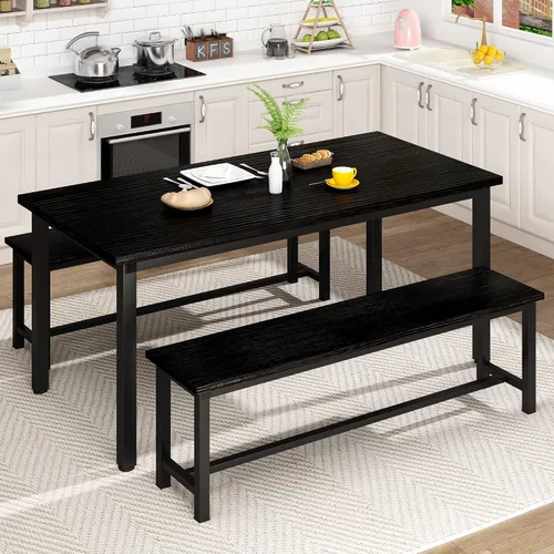 Vista 10 de DKLGG Juego de mesa de comedor para 4, mesa de cocina de 47.2 pulgadas con 2 bancos, juego de mesa de comedor de granja de 3 piezas, comedor que