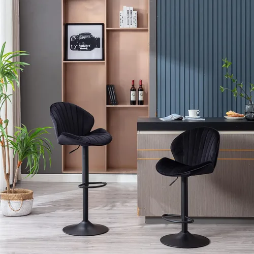 Vista 3 de SZLIZCCC Shell - Juego de 2 taburetes de bar giratorios ajustables con chasis negro, silla de bar de terciopelo con respaldo medio, taburete