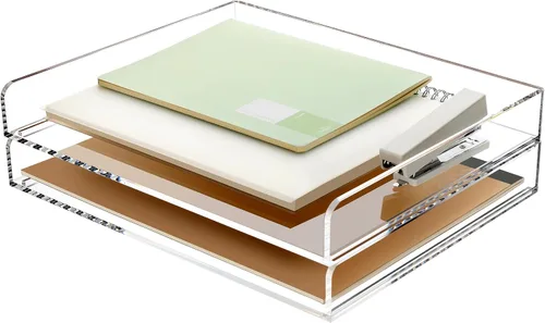 Vista 9 de Paquete de 2 bandejas apilables de papel para cartas, organizador de escritorio de archivos A4 ampliado, organizador de escritorio de acrílico