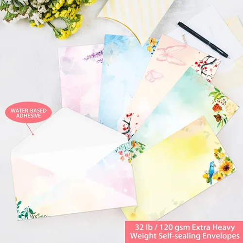 Vista 4 de Juego de papel estacionario y sobres forrados con diseño de pájaros florales y acuarelas, con papel de escritura de letras forradas, 48 hojas + 24