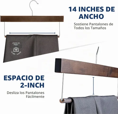 Vista 5 de ZOBER Perchas de madera de alta calidad para pantalones y pantalones con barra antideslizante, acabado liso, perchas de madera duraderas - Perchas