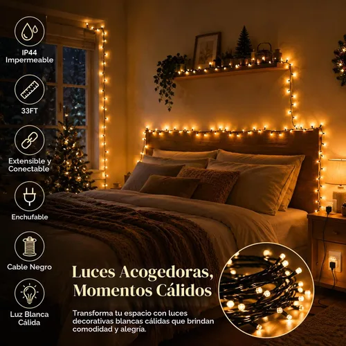 Vista 2 de Tira de luces de hadas de Navidad con cable negro de 33 pies, 100 luces LED Blanco cálido