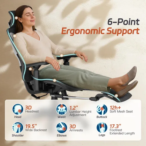 Vista 3 de Ergonomic Home Mesh Chair with Footrest, Lumbar Height Adjustment & 215° Rotate Armrests, Recline Lock 90°–120°, High-Back Big and Tall Computer