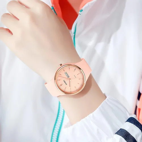 Vista 4 de PASOY Reloj de moda simple para mujer, de silicona oro rosa, esfera grande, deportes al aire libre para mujer, reloj analógico de mujer