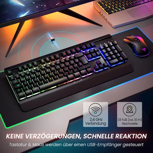 Vista 3 de RisoPhy Combo de teclado y mouse inalámbricos para juegos, panel de metal, retroiluminación de 7 colores, batería recargable de 3200 mAh