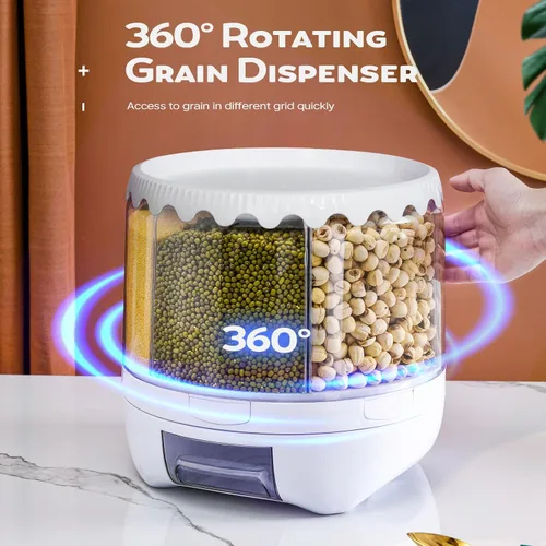 Vista 6 de Dispensador de Granos Slow Slog, Contenedor de Almacenamiento Giratorio de 360°, Dispensador de Alimentos de 6 Rejillas con Tapa Sellada