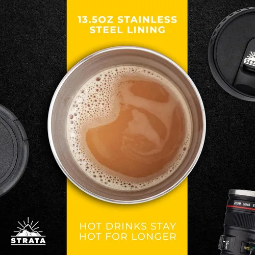 Vista 3 de Taza, diseño de lente de cámara -13.5oz, ¡Súper paquete! (2 tapas de tapas + cuchara), taza portátil para café, de acero inoxidable, sello retráctil