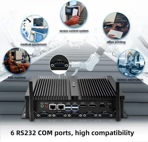 Vista 5 de PC sin ventilador, Mini PC industrial Core i7-8550U, Mini PC 8G DDR4 128G SSD, soporte de pantalla triple 4K@60Hz salida, HDMI, DP, EDP, Dual NIC