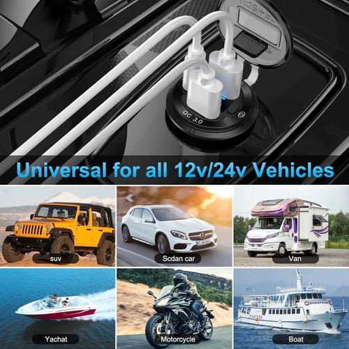 Vista 7 de Cargador de coche de aluminio de 12 V con salida USB de 12 V, puerto dual USB de carga rápida 3.0 y enchufe PD USB C con interruptor voltímetro