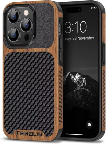 Vista 8 de TENDLIN Compatible con Funda para iPhone 14 de Grano de Madera con Diseño de Textura de Fibra de Carbono, Funda Híbrida de Cuero delgada Negra Negro
