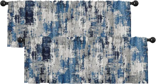 Vista 23 de Emvency Paquete de 2 cenefas para ventana, cortinas opacas de arte moderno abstracto azul, cortinas ajustables para ventanas, sala de estar, cocina