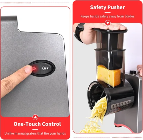 Vista 5 de Rallador Eléctrico de Queso, Rallador de Queso Eléctrico 7 en 1 para Queso en Bloque, Rebanadora Eléctrica de 250W, Rallador Eléctrico Automático