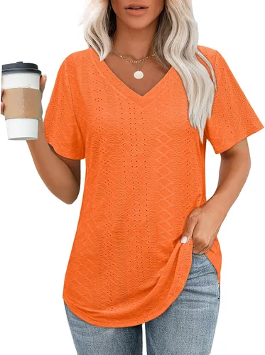 Vista 6 de OFEEFAN Camisetas básicas de manga corta con cuello en V para mujer, ajuste holgado, con dobladillo curvado B-verde