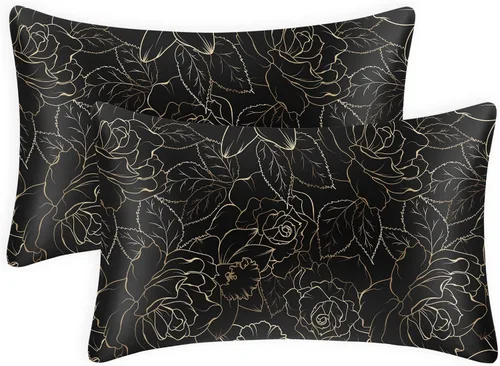 Vista 15 de EXQ Home - Funda de almohada de satén para cuidar el cabello y la piel, tamaño estándar, de seda con estampado negro, juego de 2 fundas con cierre