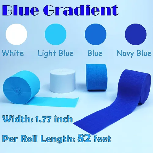 Vista 2 de Serpentinas de papel crepé azul, 8 rollos de 656 pies, decoraciones de papel crepé para fiesta de cumpleaños, baby shower o reunión (degradado azul)