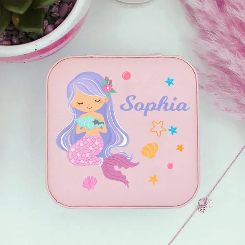 Vista 6 de Joyero de unicornio con diseño de sirena para niñas, caja de joyería con nombre personalizado para niña, caja de almacenamiento de joyas