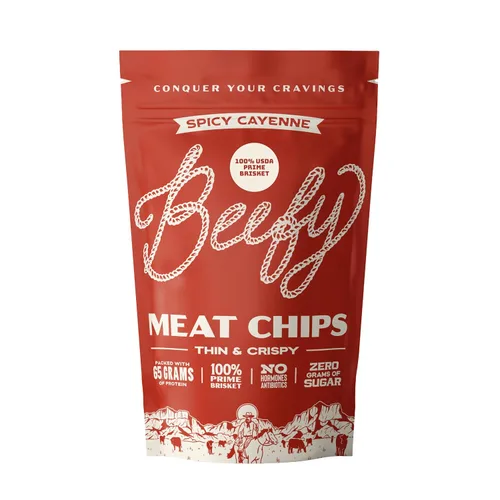 Vista 22 de BEEFY Meat Chips - Mostaza Miel - 2.5oz. 100% Prime Brisket. 13g de proteína por onza.