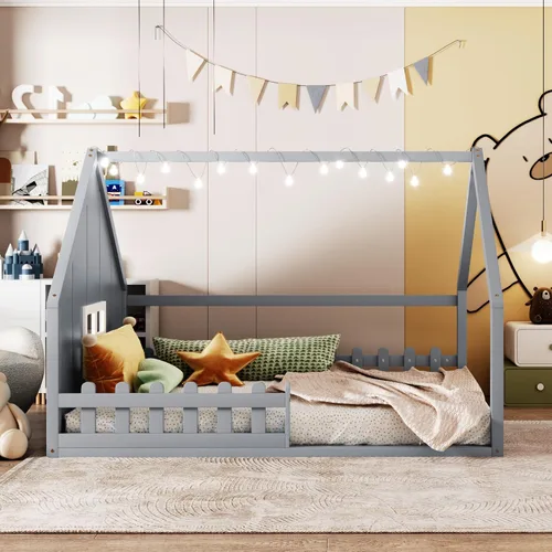 Vista 6 de Bellemave Cama de casa tamaño matrimonial, cama de piso de madera para niños, cama Montessori con barandillas y listones para niños y niñas, altura
