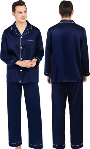 Vista 2 de SWOMOG Conjunto de pijama a juego para parejas, de satén de seda, de manga larga, suave, con botones