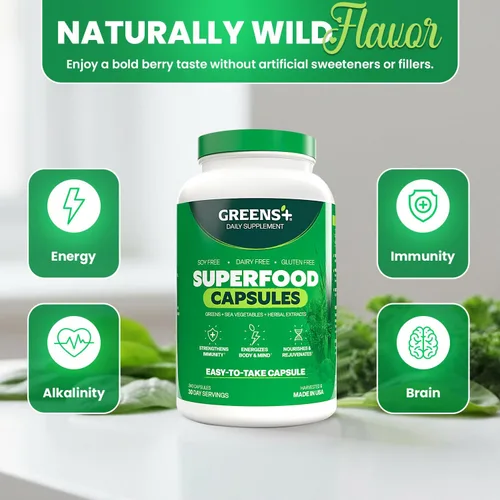 Vista 7 de Greens+ Superfood Organic Super Greens Cápsulas vegetales con clorela orgánica, espirulina, alfalfa y pasto de trigo, suplemento mezclado