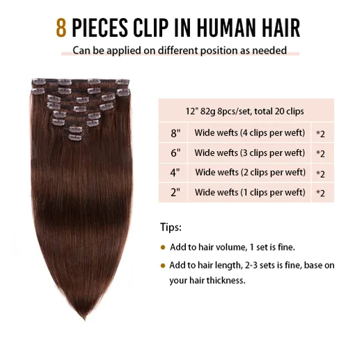 Vista 2 de Extensiones de cabello humano real con pinzas, 12 pulgadas, 2.89 oz, 8 piezas de extensiones de cabello Remy para mujer, color marrón medio