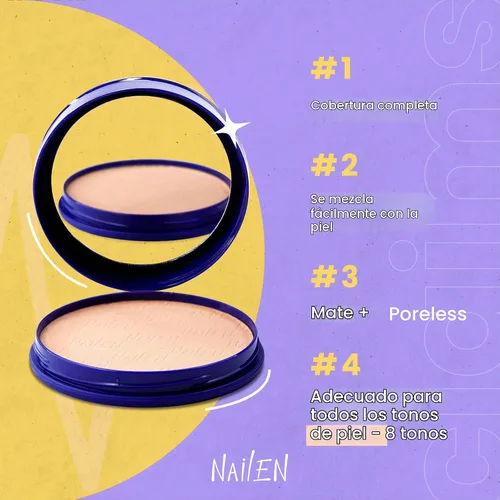 Vista 7 de Nailen Base de maquillaje compacta en polvo con acabado mate, control de brillo, cobertura completa, ideal para todo tipo de piel y aspecto de cara