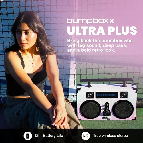 Vista 2 de Bumpboxx Ultra Plus Retro Boombox con altavoces Bluetooth, Boombox de la vieja escuela hasta 12 horas de reproducción y emparejamiento estéreo TWS