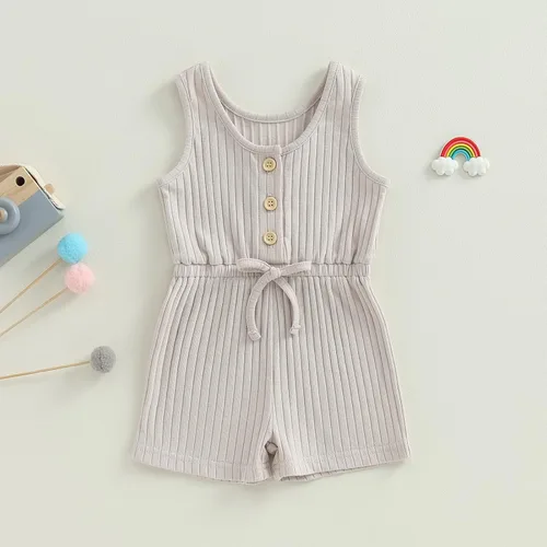 Vista 51 de Traje de verano para niña pequeña, de manga corta, acanalado, overol liso, pantalones cortos, ropa para recién nacidos