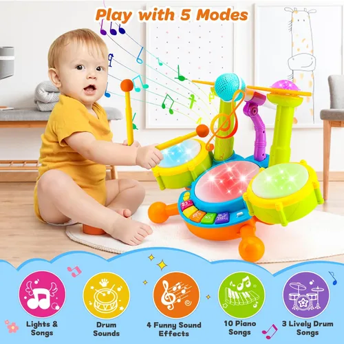 Vista 2 de Juego de batería para niños pequeños de 1 a 3 años, juguetes musicales para bebés de 1 año, regalos para niños, juguetes Montessori para niñas