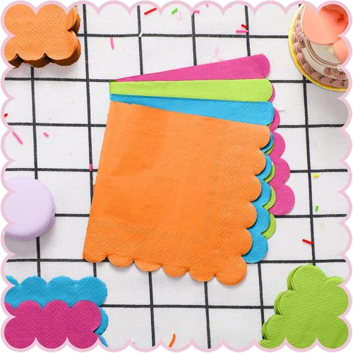 Vista 4 de Yeaqee 100 servilletas festoneadas de color neón, servilletas de papel de cóctel de 2 capas brillantes para bebidas, servilletas desechables